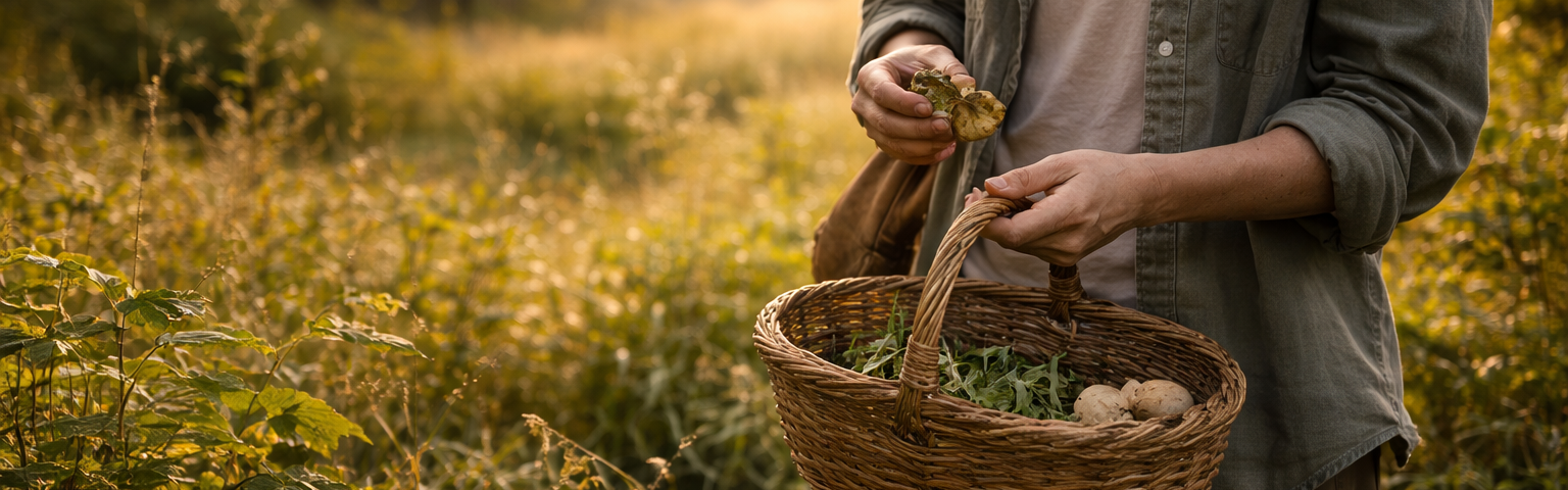 Person calmly harvesting wild greens with small basket showing ethical foraging