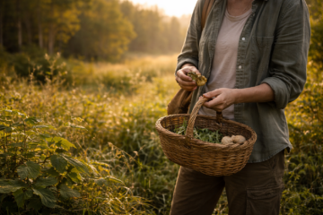Person calmly harvesting wild greens with small basket showing ethical foraging