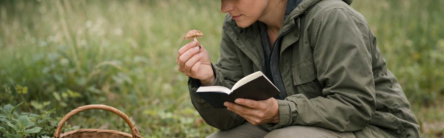 Person calmly identifying wild plant in forest to build foraging confidence