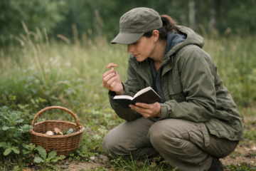 Person calmly identifying wild plant in forest to build foraging confidence