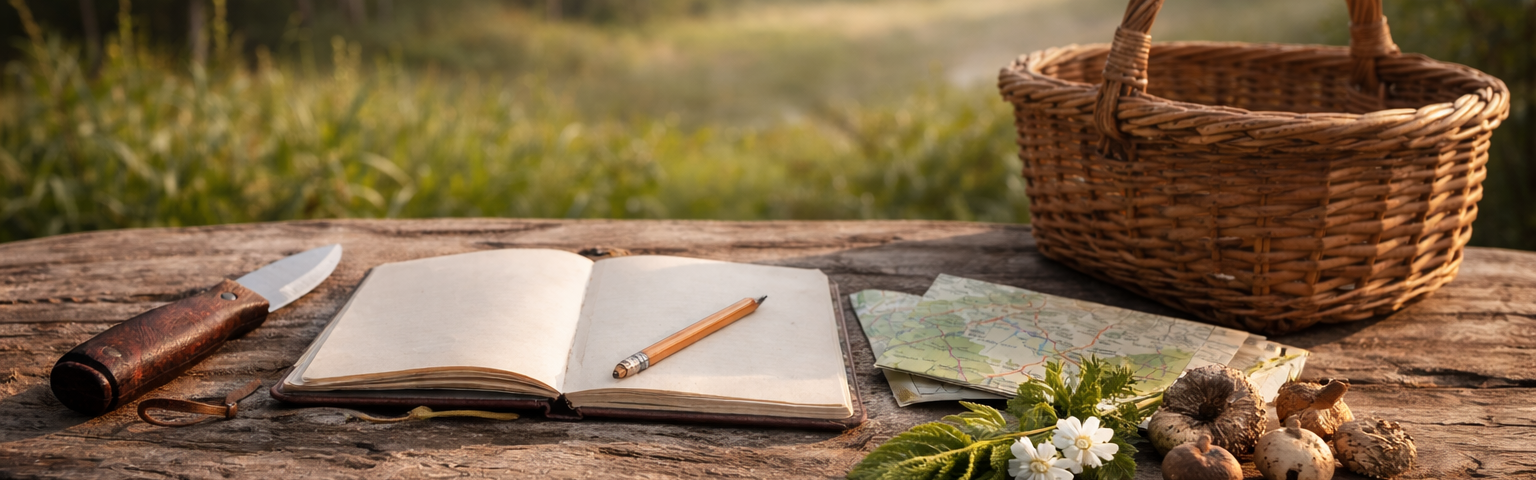 Organized foraging gear and notebook outdoors preparing for full foraging season