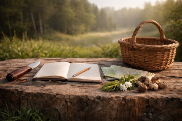 Organized foraging gear and notebook outdoors preparing for full foraging season