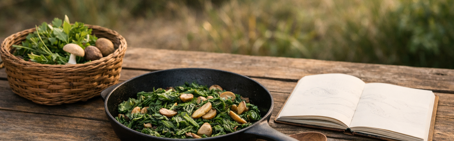 Beginner preparing simple wild meal with sautéed greens and mushrooms outdoors