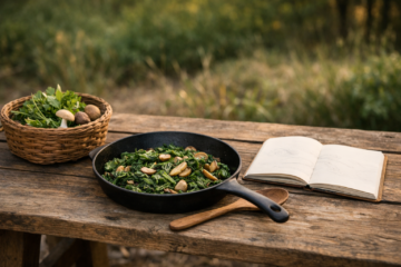 Beginner preparing simple wild meal with sautéed greens and mushrooms outdoors