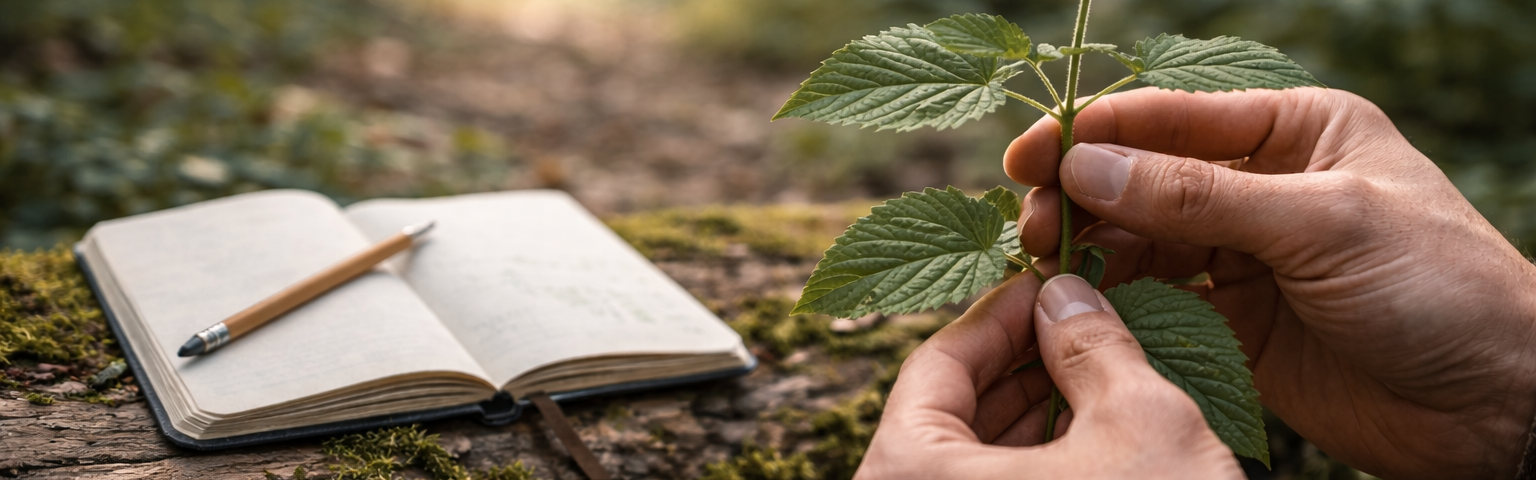 Beginner carefully examining wild plant in forest while learning identification features