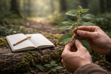 Beginner carefully examining wild plant in forest while learning identification features