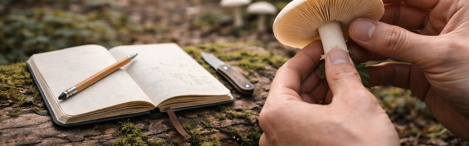 Beginner carefully examining underside of wild mushroom in forest for identification