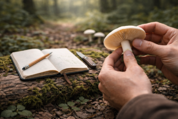 Beginner carefully examining underside of wild mushroom in forest for identification
