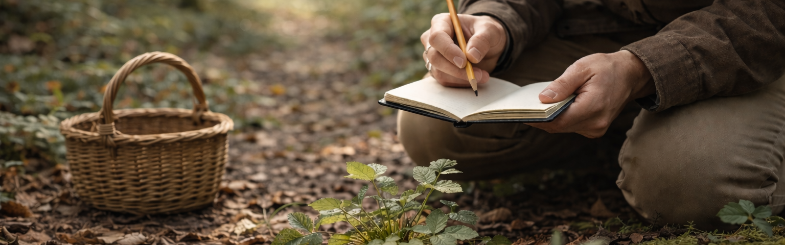 Beginner learning how to start foraging safely while observing plant in forest