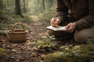 Beginner learning how to start foraging safely while observing plant in forest