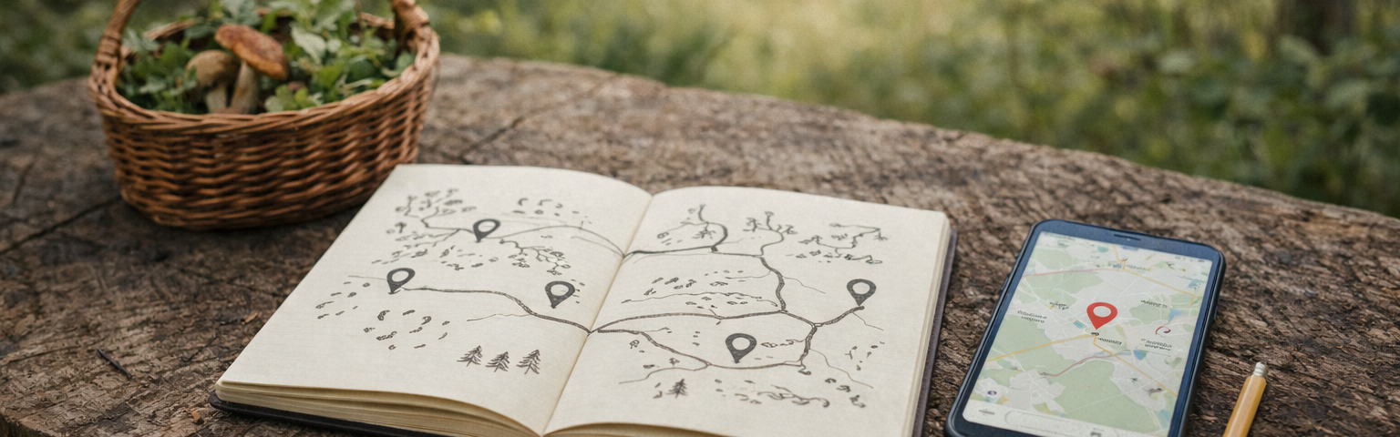 Notebook and smartphone map outdoors showing personal foraging map and location tracking