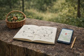 Notebook and smartphone map outdoors showing personal foraging map and location tracking