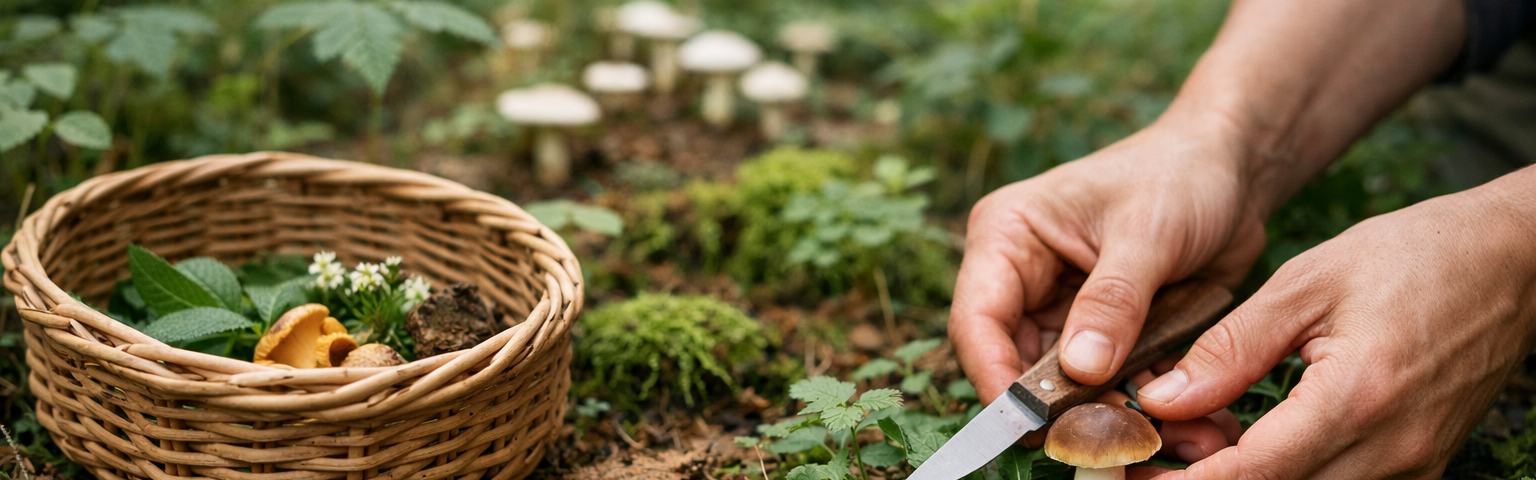 Person gently harvesting small amount of wild greens in forest to demonstrate responsible foraging