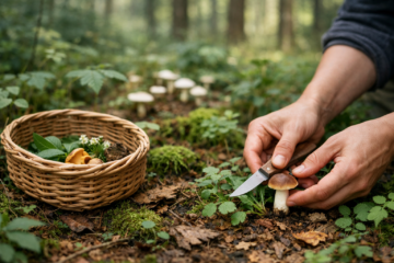 Person gently harvesting small amount of wild greens in forest to demonstrate responsible foraging