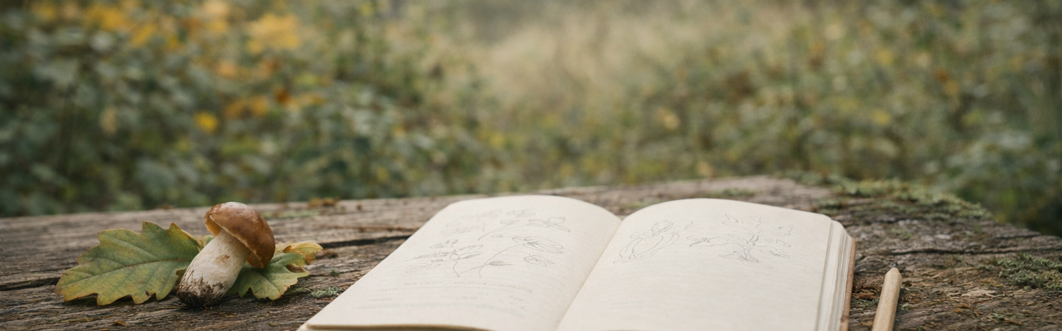Open field notebook outdoors with single wild plant showing seasonal awareness in foraging