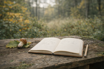 Open field notebook outdoors with single wild plant showing seasonal awareness in foraging