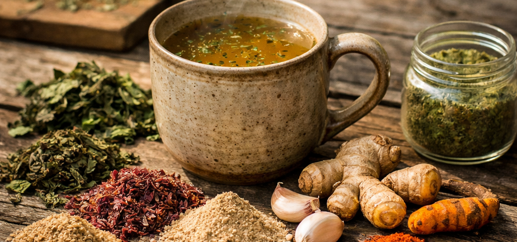 Wild nutrient broth made with foraged herbs, bone broth, and dried wild greens on a rustic wooden table