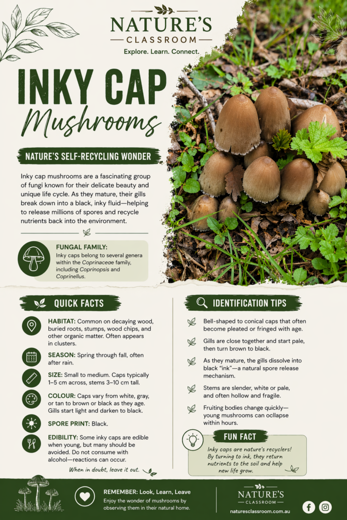 Inky cap mushrooms growing on a forest floor with some caps dissolving into black liquid showing their unique melting life cycle