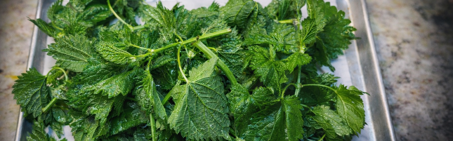 Freshly harvested stinging nettle leaves during foraging along a forest trail in the Pacific Northwest