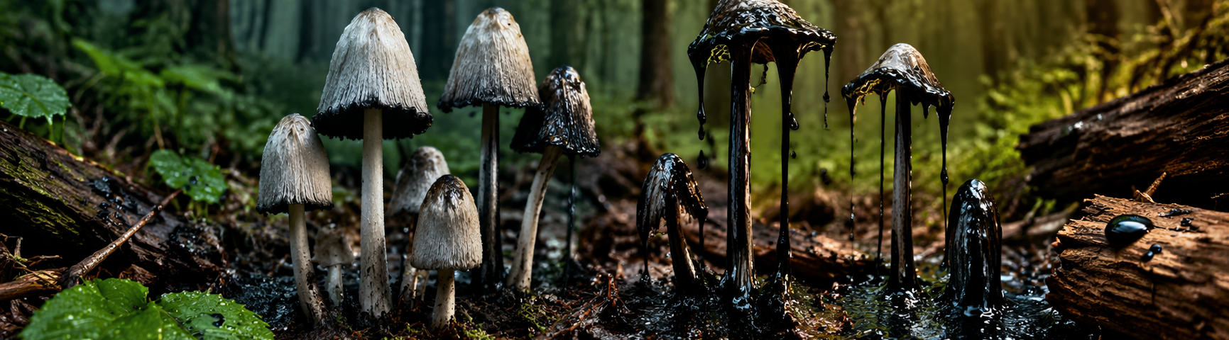 Inky cap mushrooms growing on a forest floor with caps dissolving into black liquid showing their unique melting life cycle