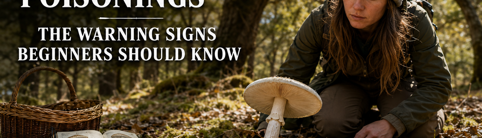 Beginner mushroom forager identifying dangerous Amanita mushroom warning signs in an oak forest