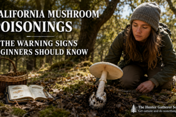 Beginner mushroom forager identifying dangerous Amanita mushroom warning signs in an oak forest