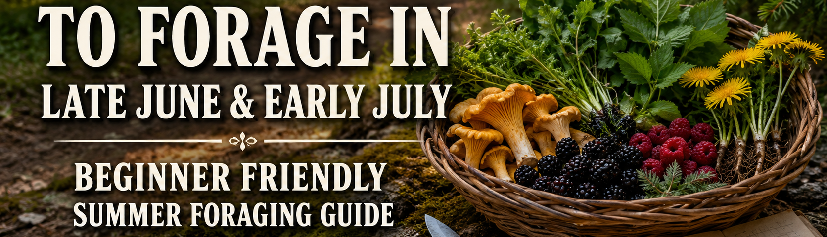 Wild foods to forage in late June and early July including blackberries, chanterelles, nettles, and dandelion roots in a rustic foraging basket