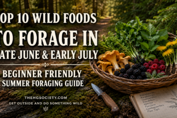 Wild foods to forage in late June and early July including blackberries, chanterelles, nettles, and dandelion roots in a rustic foraging basket