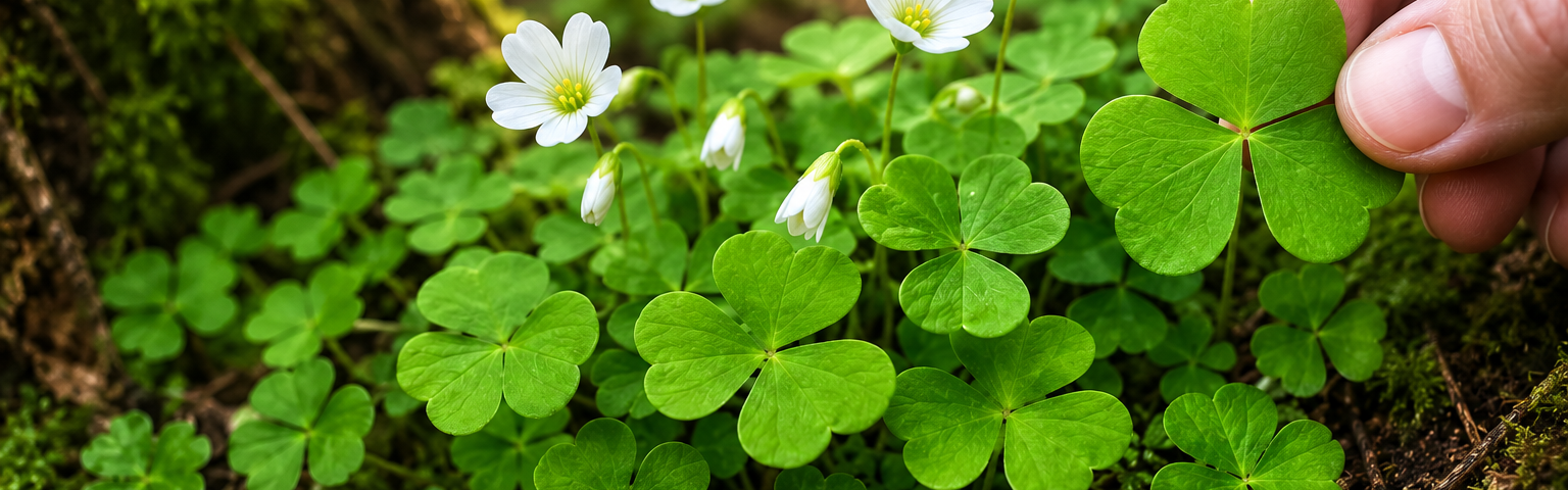Wood sorrel (Oxalis) growing along a shaded forest trail