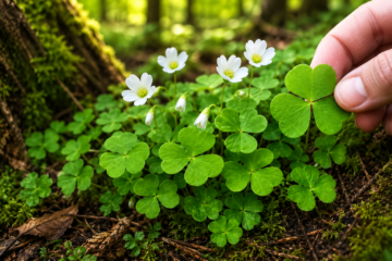 Wood sorrel (Oxalis) growing along a shaded forest trail