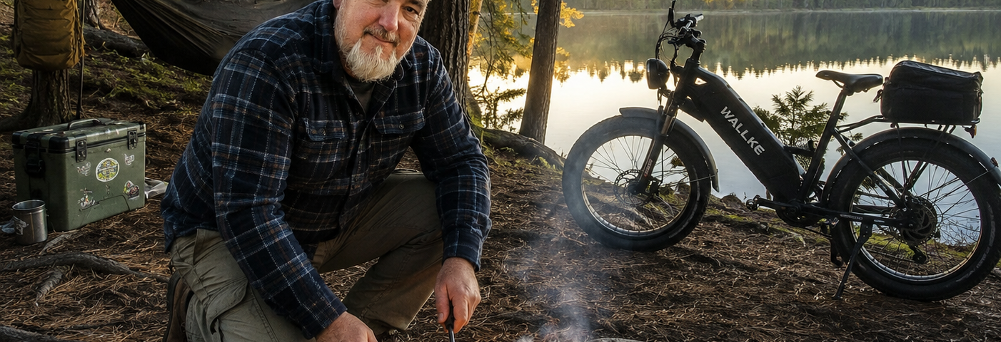 Man lighting a campfire at a hammock campsite beside a lake with a Wallke e-bike and camping gear