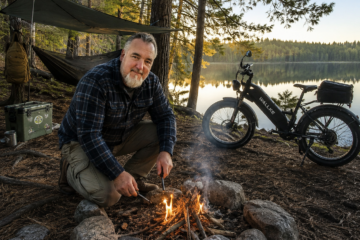 Man lighting a campfire at a hammock campsite beside a lake with a Wallke e-bike and camping gear