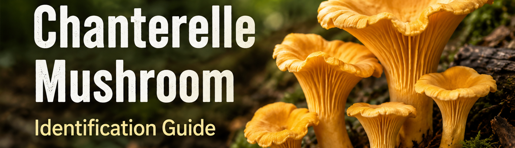 Golden chanterelle mushrooms growing on a mossy forest floor for a chanterelle mushroom identification guide