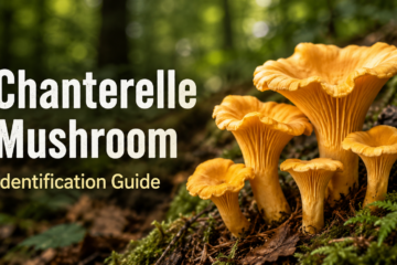 Golden chanterelle mushrooms growing on a mossy forest floor for a chanterelle mushroom identification guide