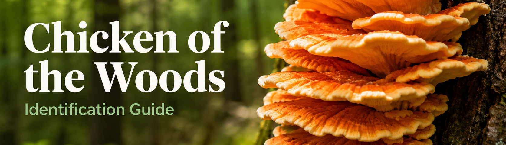 Chicken of the woods mushroom growing in bright orange shelves on a tree trunk in a forest for a wild mushroom identification guide