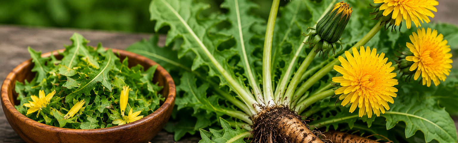 Common dandelion plant showing yellow flowers, seed head, leaves, and taproot used for identification and foraging.