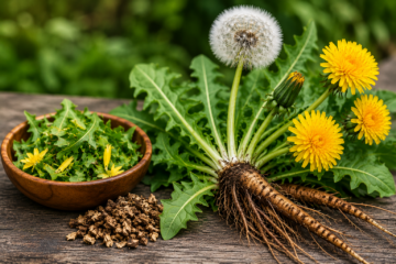 Common dandelion plant showing yellow flowers, seed head, leaves, and taproot used for identification and foraging.