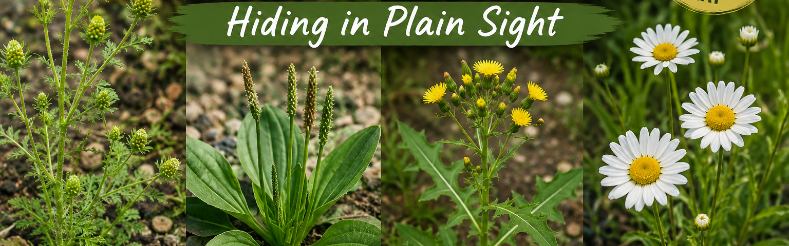 Four easy edible wild plants including pineapple weed, plantain, sow thistle, and oxeye daisy for beginner foraging identification