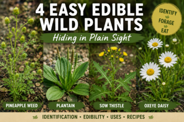 Four easy edible wild plants including pineapple weed, plantain, sow thistle, and oxeye daisy for beginner foraging identification