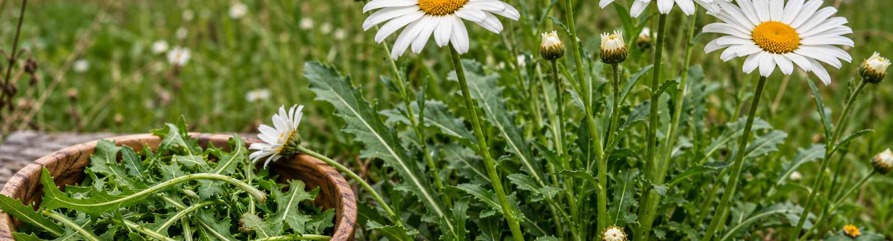 Oxeye daisy identification guide image showing white flowers with yellow centers and harvested edible wild greens in a wooden bowl