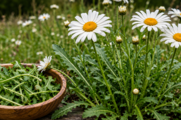 Oxeye daisy identification guide image showing white flowers with yellow centers and harvested edible wild greens in a wooden bowl