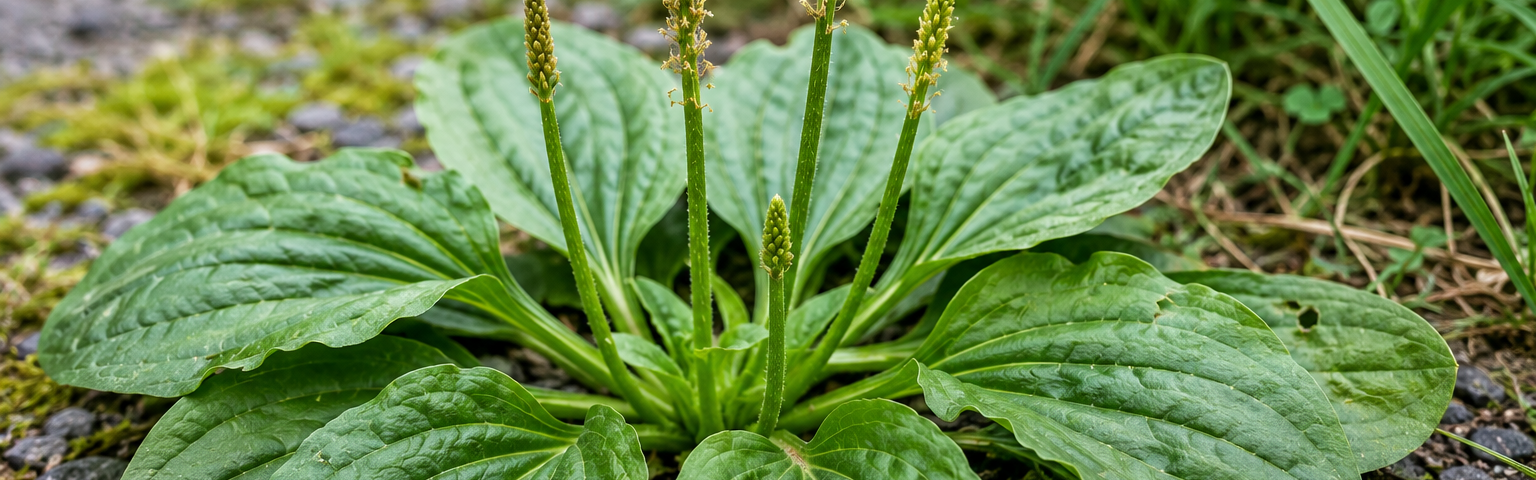 Broadleaf plantain (Plantago major) growing beside a gravel trail showing distinctive parallel leaf veins and seed stalks