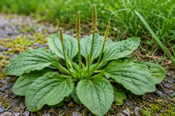 Broadleaf plantain (Plantago major) growing beside a gravel trail showing distinctive parallel leaf veins and seed stalks