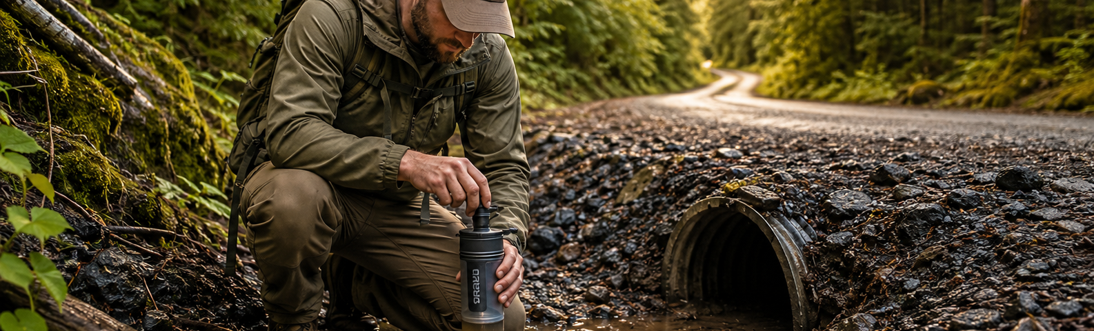Man using a portable water purifier to filter water from a roadside puddle during a hammock camping trip in the Pacific Northwest.