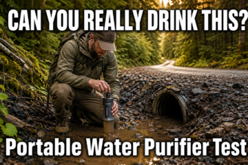 Man using a portable water purifier to filter water from a roadside puddle during a hammock camping trip in the Pacific Northwest.