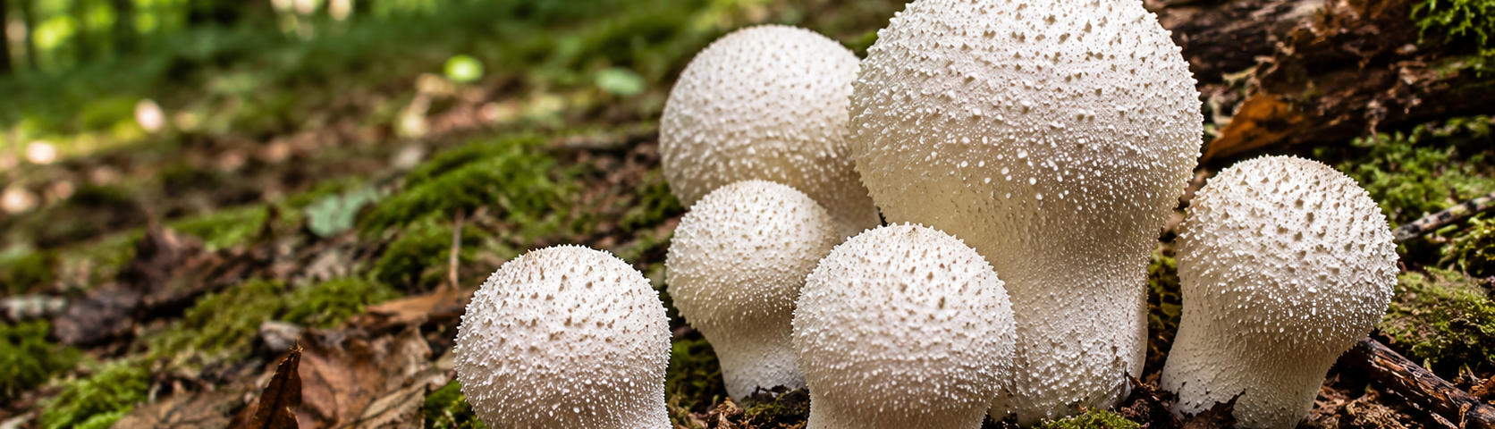 Cluster of common puffball mushrooms growing on the forest floor for a puffball mushroom identification guide