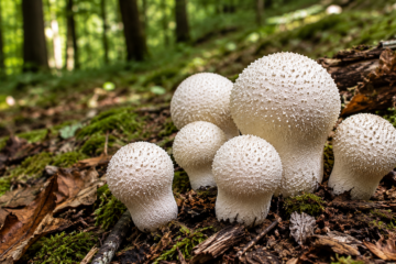 Cluster of common puffball mushrooms growing on the forest floor for a puffball mushroom identification guide