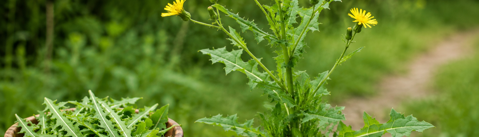 Sow thistle identification guide image showing yellow flowers, lobed leaves, and harvested edible wild greens in a wooden bowl