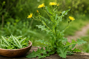Sow thistle identification guide image showing yellow flowers, lobed leaves, and harvested edible wild greens in a wooden bowl