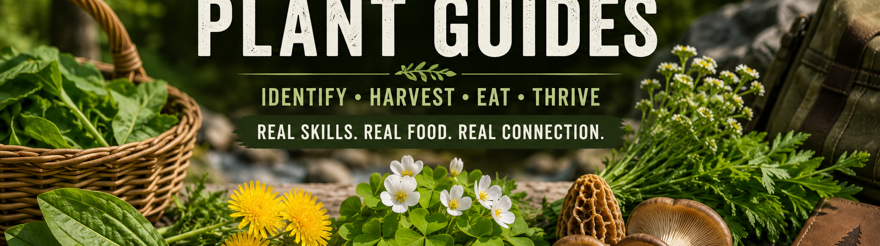 Wild edible plant identification guides with foraged greens, flowers, field notes, and outdoor harvesting tools